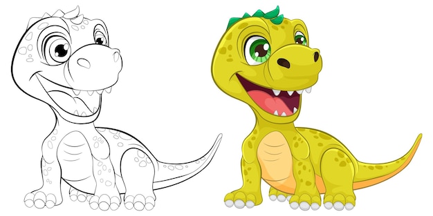 El alegre dinosaurio de dibujos animados antes y después