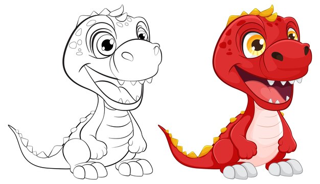El alegre dragón de dibujos animados antes y después de colorear