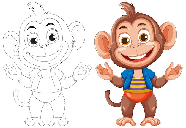 El alegre mono de dibujos animados en color y contorno