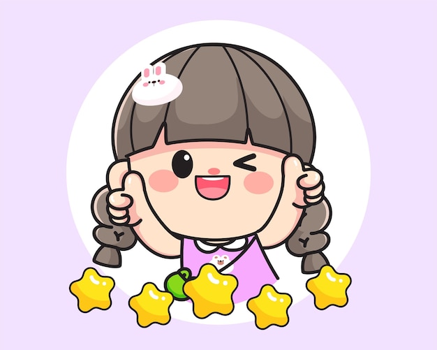 Vector gratuito alegre niña linda feliz mostrando el pulgar hacia arriba para revisiones de productos logo dibujado a mano ilustración de arte de dibujos animados