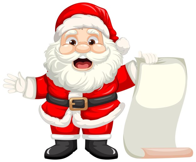 Alegre personaje de dibujos animados de Santa Claus con rollo de Navidad