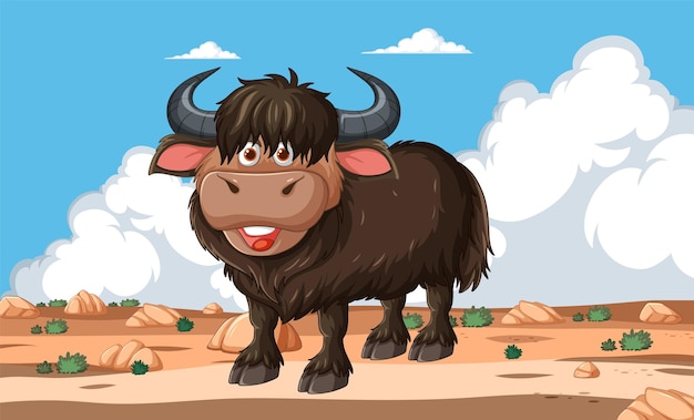 Alegre Yak de dibujos animados en un día soleado
