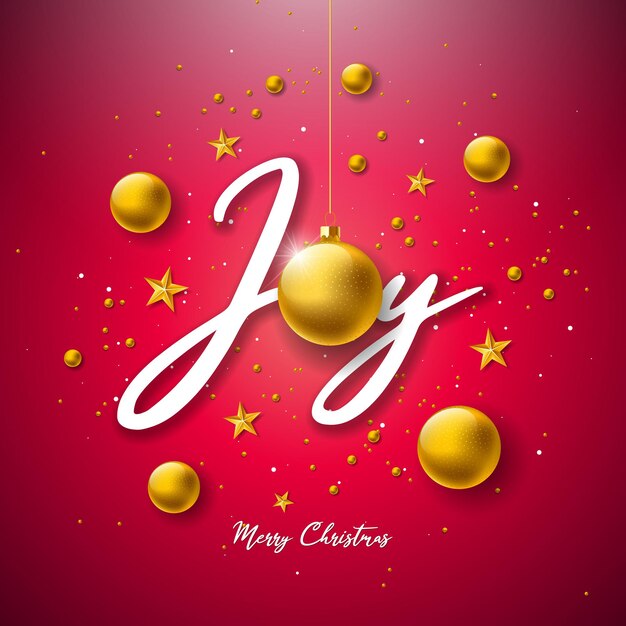 Alegría feliz navidad y feliz año nuevo ilustración con estrella de bola de cristal dorada y letra de tipografía