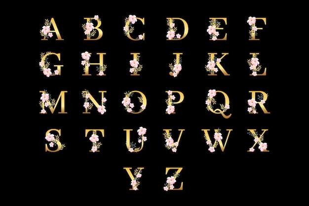 Vector gratuito alfabeto dorado con flores elegantes