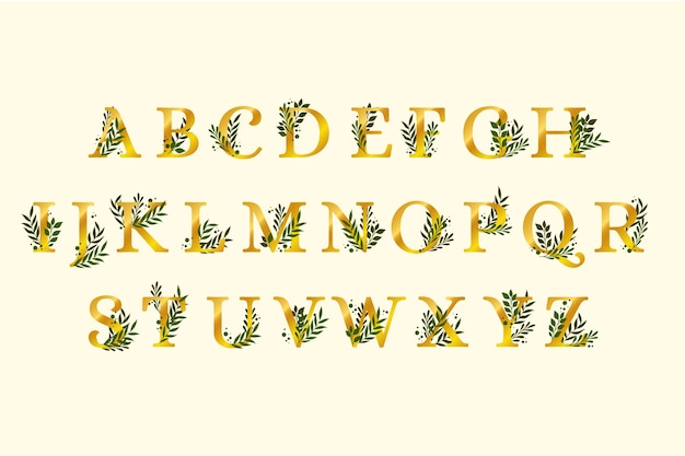 Alfabeto dorado con flores elegantes