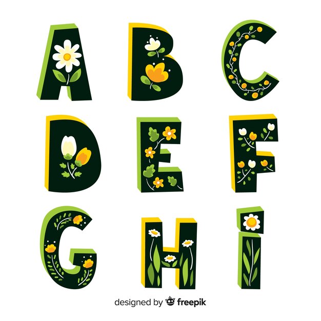 Alfabeto floral en diseño plano