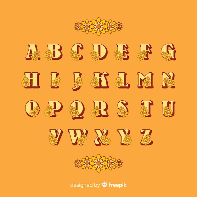Vector gratuito alfabeto floral en estilo años 60 sobre fondo naranja