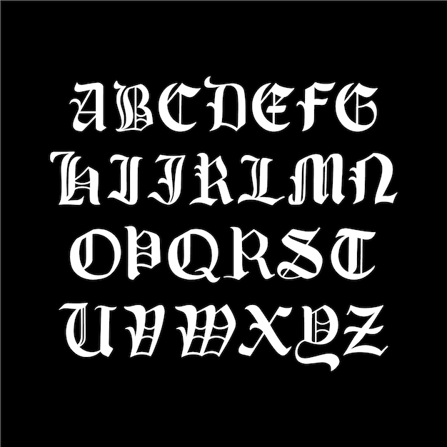 Alfabeto de fuente gótica dibujada a mano