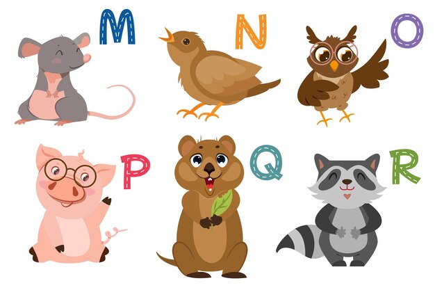 Alfabeto inglés con lindos animales planos para la educación de los niños.