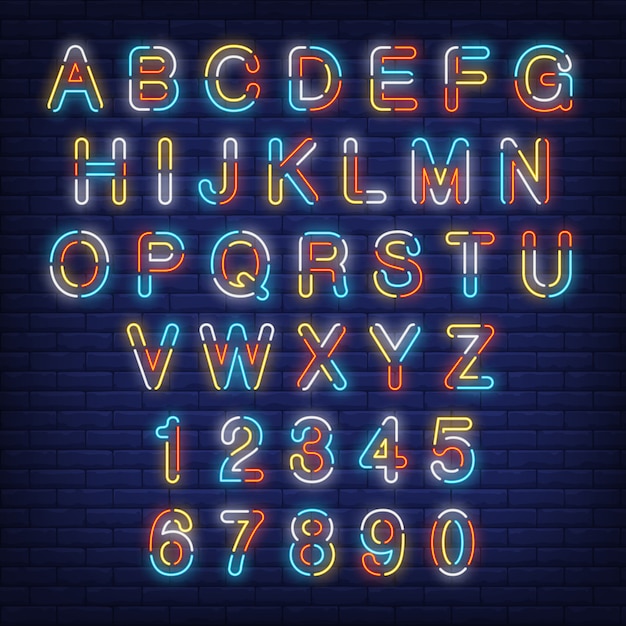 Vector gratuito alfabeto inglés y números coloridos letrero de neón.
