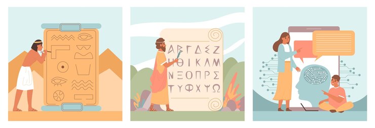 Vector gratuito alfabeto jeroglífico e inteligencia artificial escribiendo conjunto plano aislado ilustración vectorial