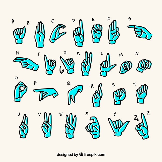 Alfabeto de lenguaje de signos en estilo hecho a mano