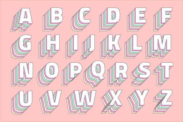 alfabeto, vector, conjunto, 3d, pastel, retro, tipografía