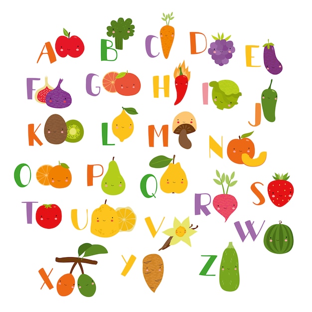 Alfabeto vegetal encantador frutas