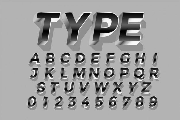 Alfabetos de diseño de efecto de texto brillante plateado de estilo 3D