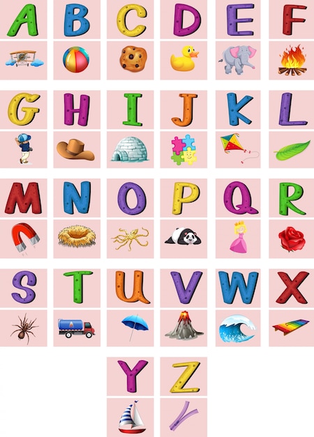 Vector gratuito alfabetos en inglés de la a a la z con imágenes