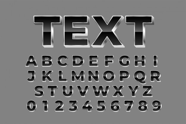 Alfabetos plateados brillantes establecen efecto de texto