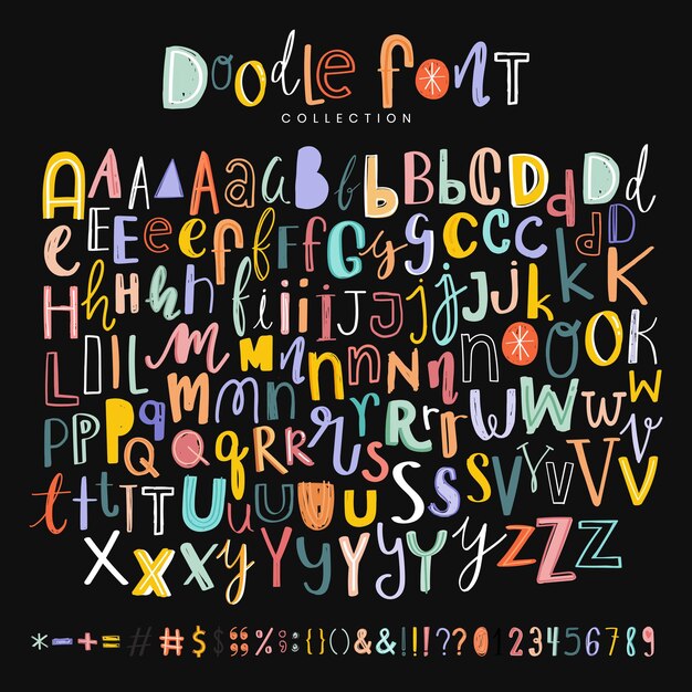 Alfabetos, puntuaciones y números conjunto de tipografía de doodle