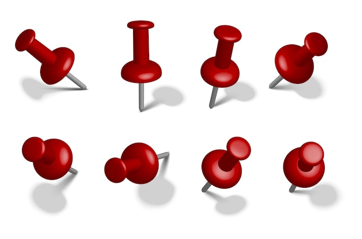 Vector gratuito alfileres rojos estacionarios de papel en diferentes vistas. aislado