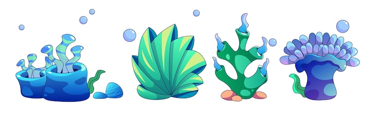Vector gratuito algas marinas y coral con burbujas conjunto vectorial de dibujos animados