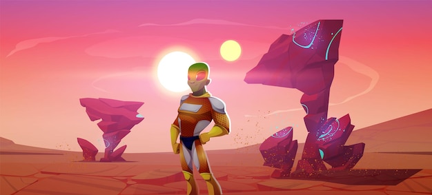 Alien en el planeta de fantasía en el paisaje del vector espacial