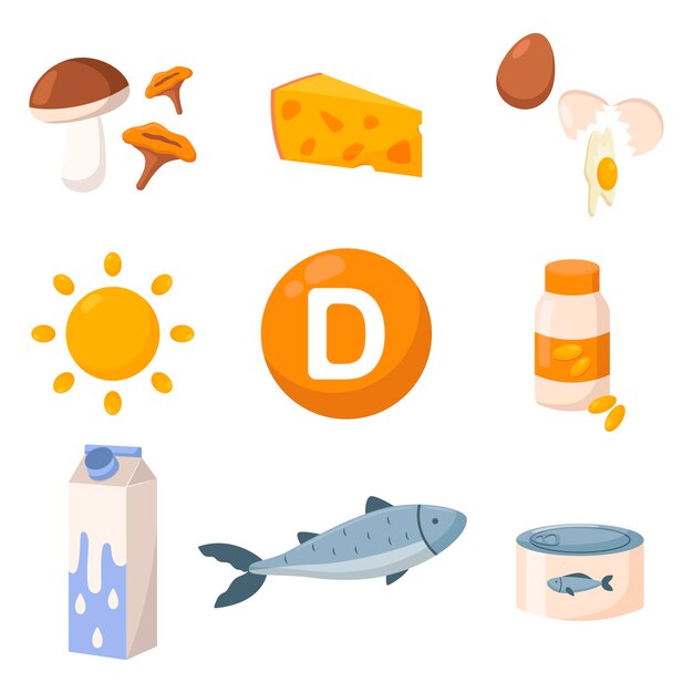 Alimentos saludables enriquecidos con ilustraciones vectoriales de vitamina D. Fuentes de vitamina D, champiñones, queso, leche o yogur, pescado, atún enlatado aislado de fondo blanco. Nutrición, salud, concepto de dieta.