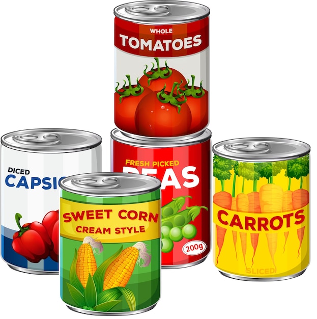 Alimentos vegetales enlatados sobre fondo blanco.