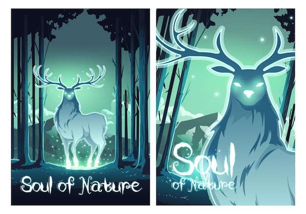Alma de la naturaleza carteles de dibujos animados ciervos mágicos en el bosque de la noche
