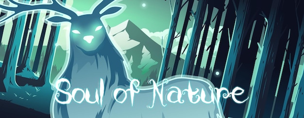 Alma de la naturaleza ciervo mágico de dibujos animados banner en bosque nocturno