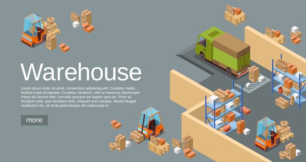 Almacén isométrico 3D de transporte logístico y vehículos de reparto.