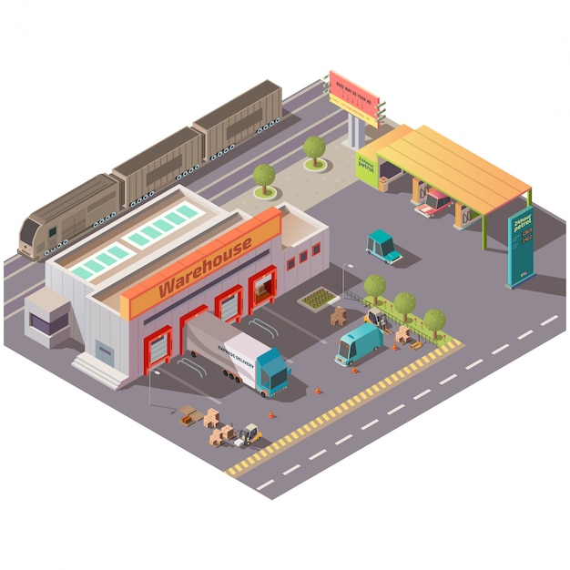 Almacén isométrico y gasolinera
