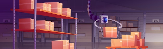 Almacén con robot automatizado, cajas de cartón