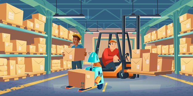 Almacén con trabajador en carretilla elevadora, hombre y robot con cajas de cartón. Ilustración de dibujos animados de vector del interior de la sala de almacenamiento con mercancías en bastidores de metal, carretilla elevadora con conductor y robot autónomo