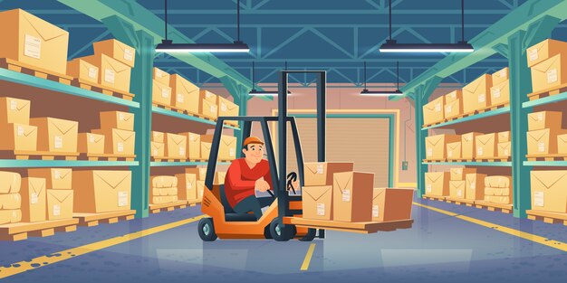Almacén con trabajador, montacargas y cajas