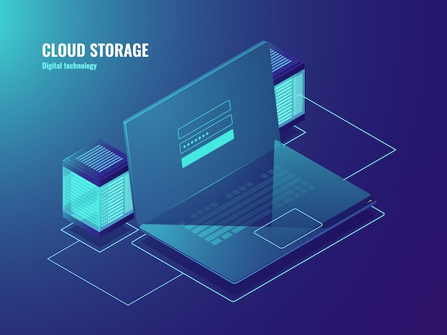Almacenamiento de archivos en la nube, sala de servidores, acceso al centro de datos, pantalla de la computadora portátil con formulario de inicio de sesión de usuario