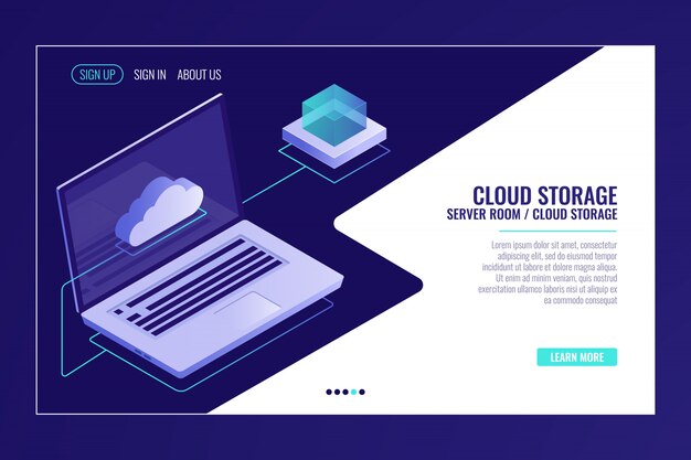 Almacenamiento remoto de datos, tecnología de sistema en la nube, computadora portátil abierta con ícono de nube