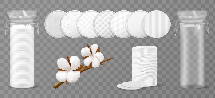 Vector gratuito almohadillas de algodón cosmético realista conjunto de iconos transparentes torunda de algodón envoltura rama de algodón y diferentes estilos de almohadillas redondas ilustración vectorial