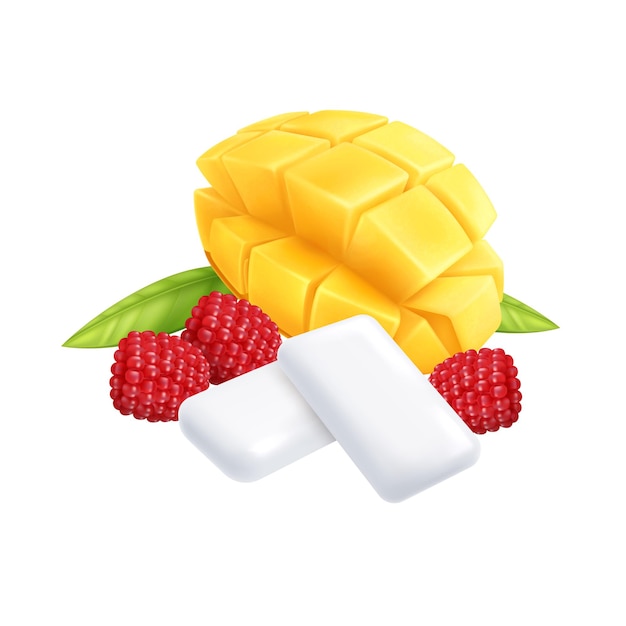 Almohadillas de goma de mascar de frutas con menta de mango y frambuesa ilustración vectorial realista