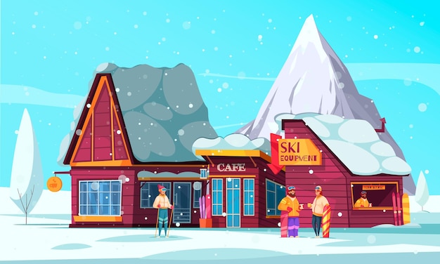Alquiler de equipo de descenso de café de cabaña de madera de estilo antiguo de estación de esquí en montañas cubiertas de nieve ilustración de dibujos animados
