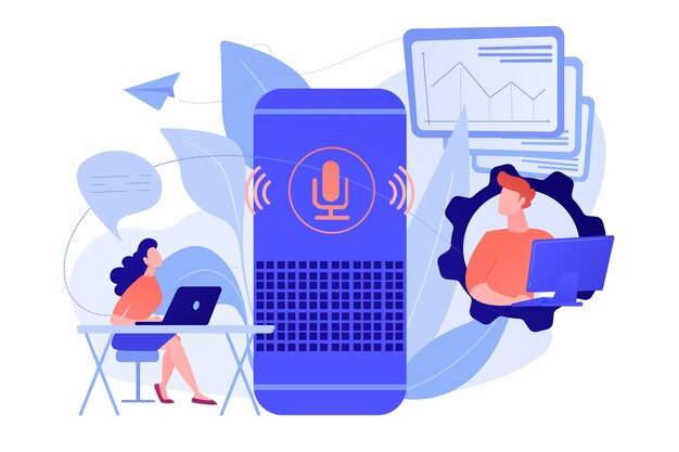 Altavoz inteligente utilizado por trabajadores de oficina. Controlador de oficina inteligente y comandos de voz, dispositivos digitales de oficina controlados por voz y concepto de Internet de las cosas. Vector ilustración aislada