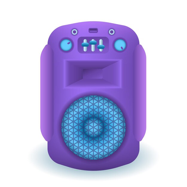 Altavoz morado para escuchar música ilustración 3D. Herramienta o equipo para sistema acústico o estudio de música en estilo 3D sobre fondo blanco. Tecnología, entretenimiento, ocio, concepto musical.