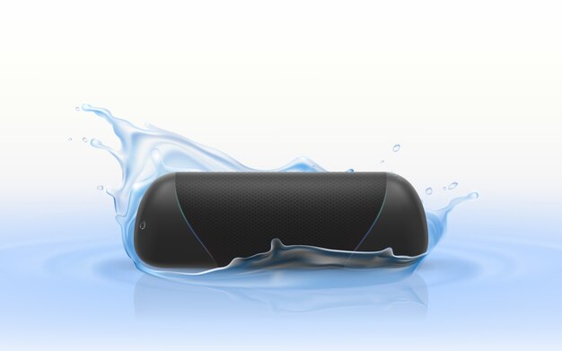 Altavoz portátil realista 3d en agua azul. Dispositivo de sonido inalámbrico a prueba de agua