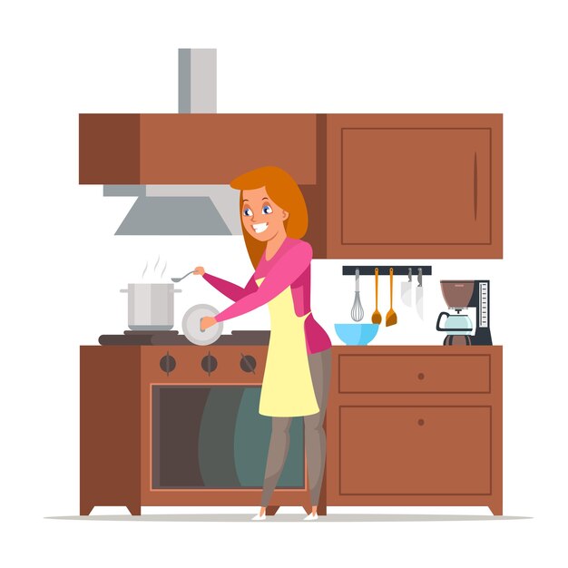 Ama de casa cocinando sopa madre esposa preparando la cena personaje de dibujos animados Mujer linda en delantal de pie cerca de la estufa de gas plato de mezcla en una cacerola