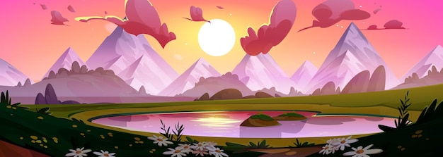 Vector gratuito amanecer en vector de paisaje de dibujos animados de cielo de montaña