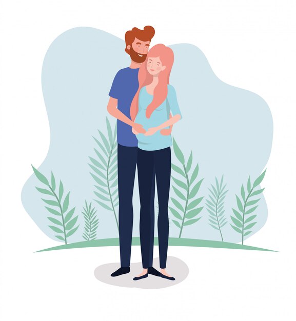 Amantes lindos pareja embarazo personajes en el paisaje