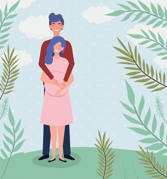 Vector gratuito amantes lindos pareja embarazo personajes en el paisaje