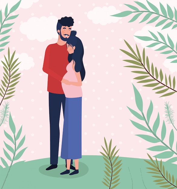 Vector gratuito amantes lindos pareja embarazo personajes en el paisaje