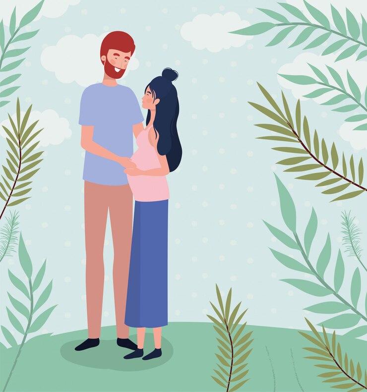 Vector gratuito amantes lindos pareja embarazo personajes en el paisaje