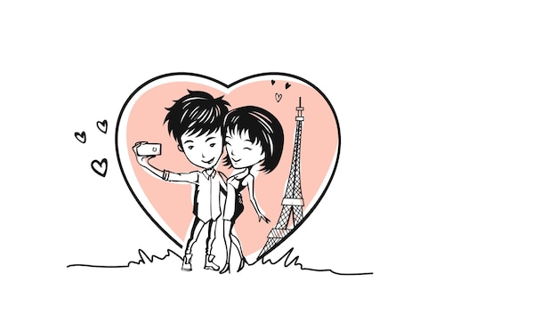 Amantes románticos para el día de san valentín, fondo vectorial de dibujos animados dibujados a mano.