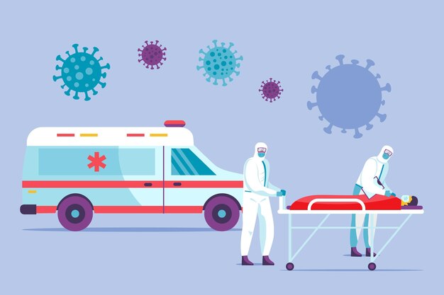 Ambulancia de emergencia ilustrada con médicos y pacientes.